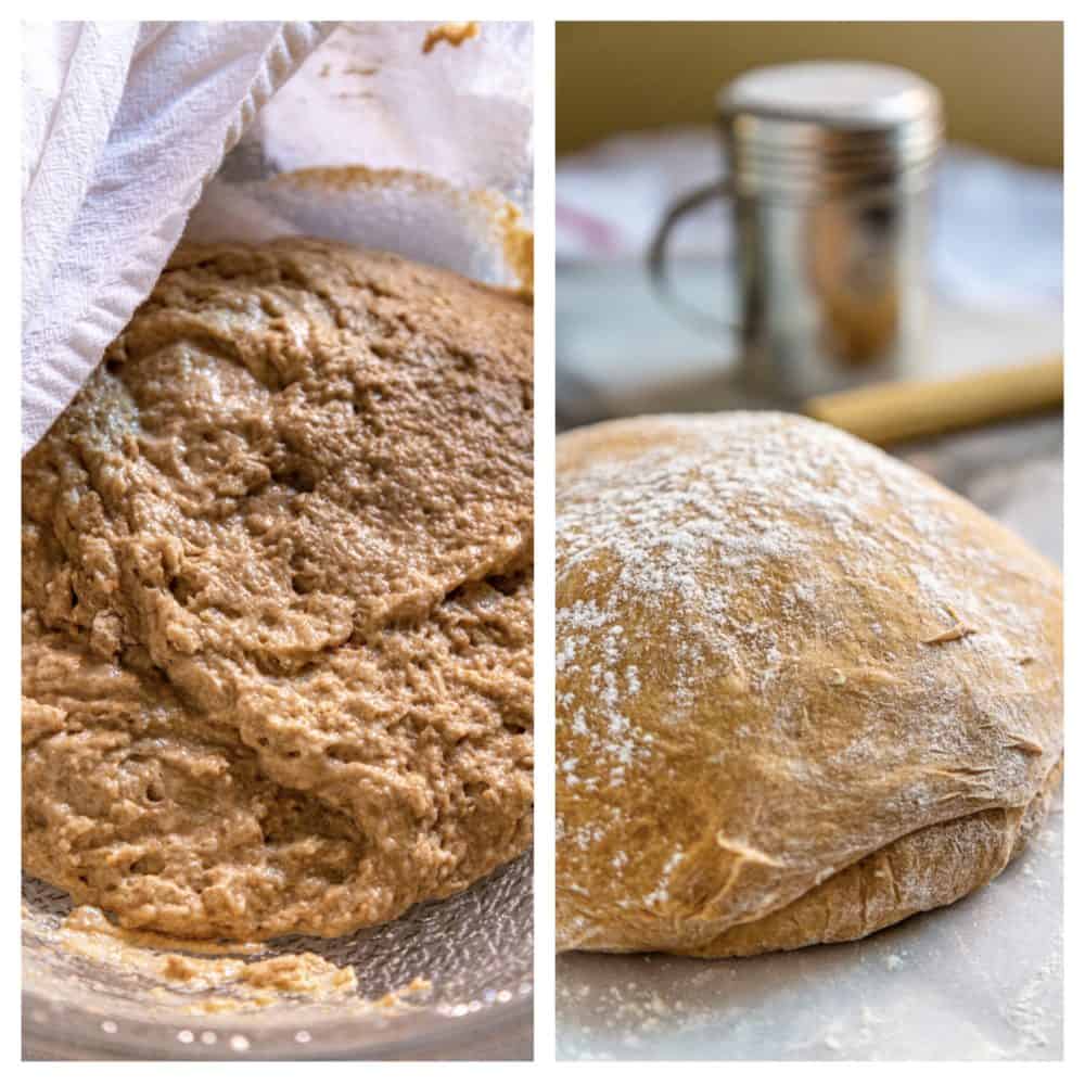 photo collage: dough for whole wheat rolls before and after rising