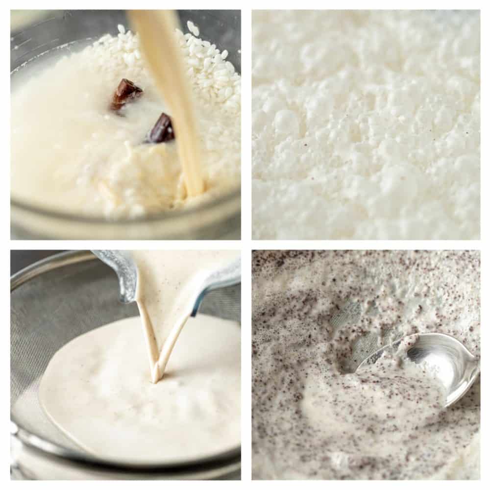 4-photo collage shows white rice soaking in water, then being combined with sweetened condensed milk