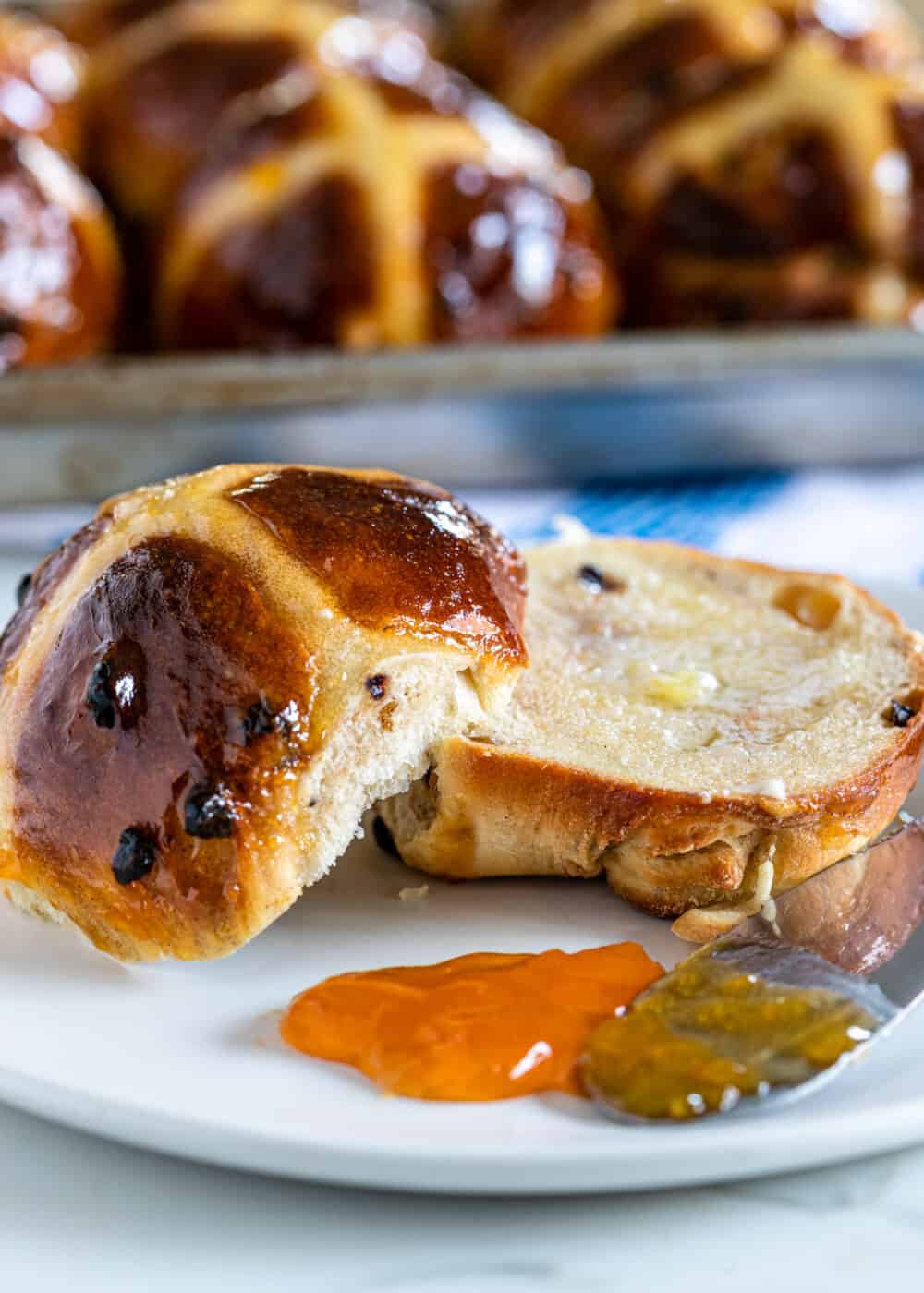 Holiday Hot Cross Buns with jam and butter