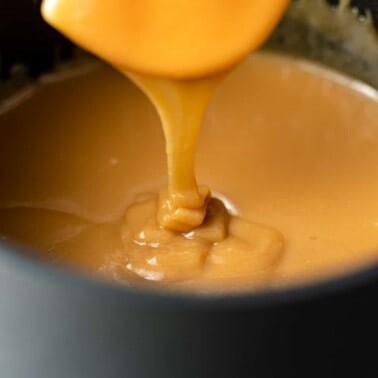 creamy caramel drizzling from spoon