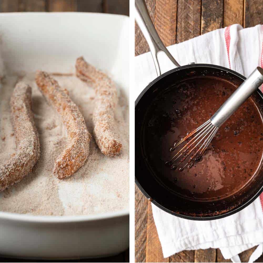 photo collage shows how to make churros and chocolate dipping sauce