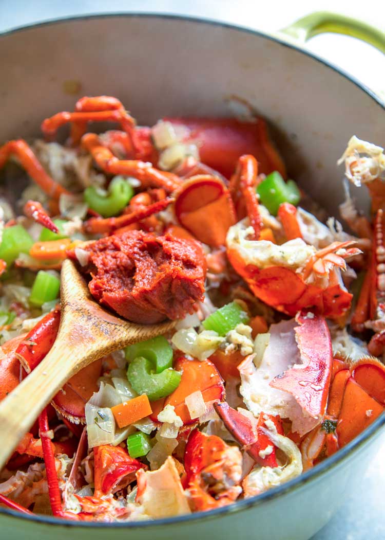 making lobster bisque soup in large pot