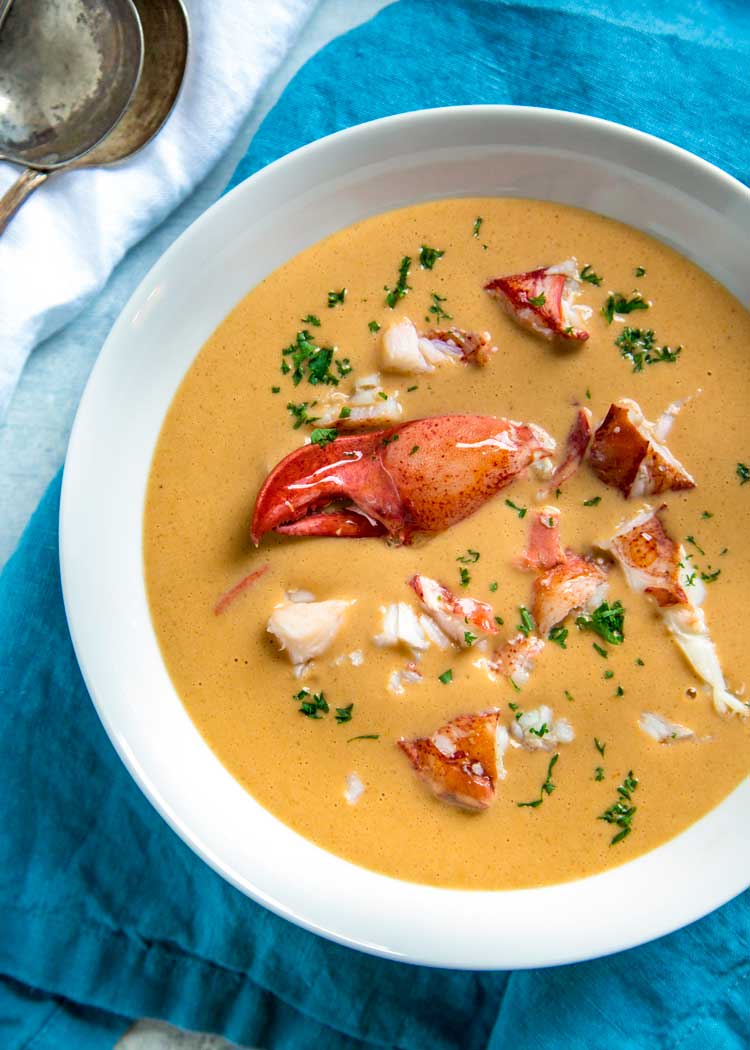 lobster bisque in white bowl with fresh lobster claw on top