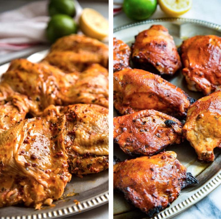 side by side photo collage of Mexican grilled chicken