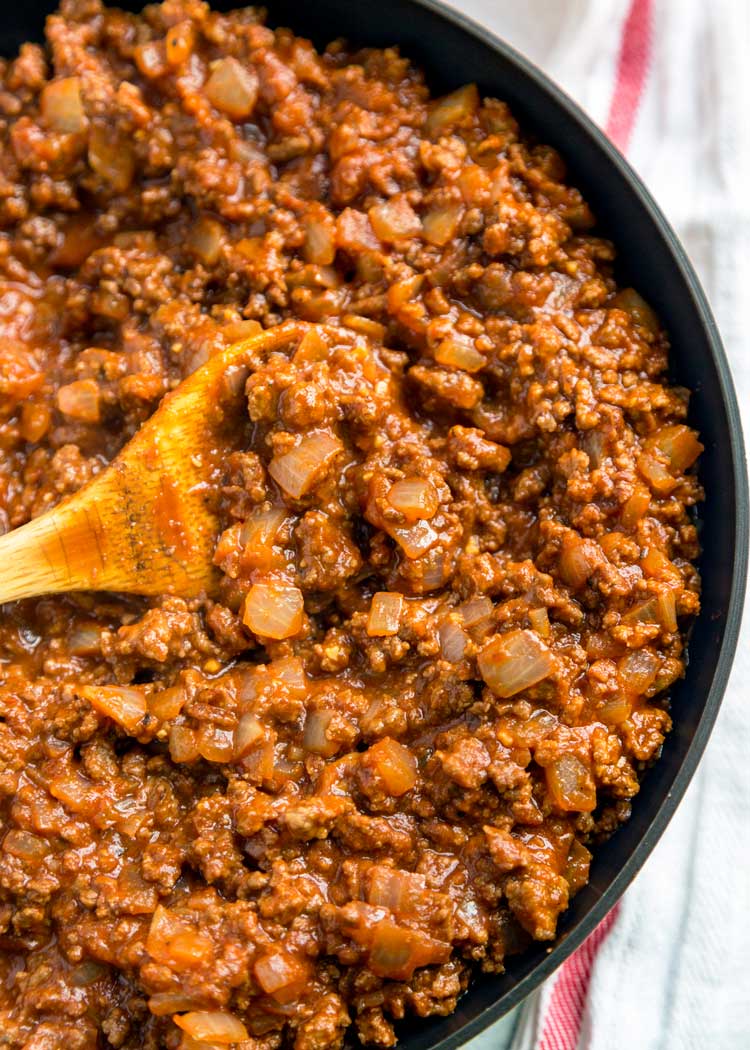 overhead: making sloppy joe recipe in skillet