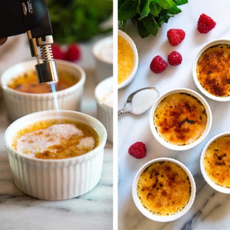 side by side collage: caramelizing sugar topping on vanilla creme brulee