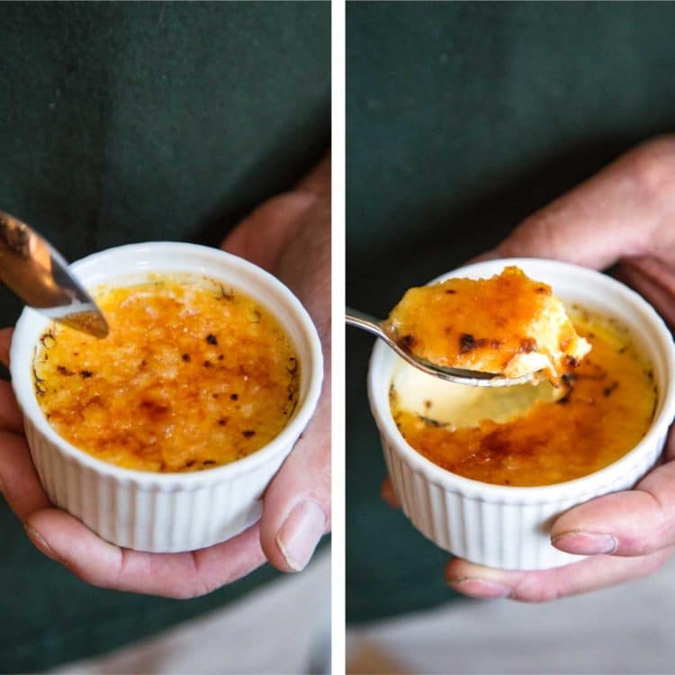 side by side collage of creme brulee dessert