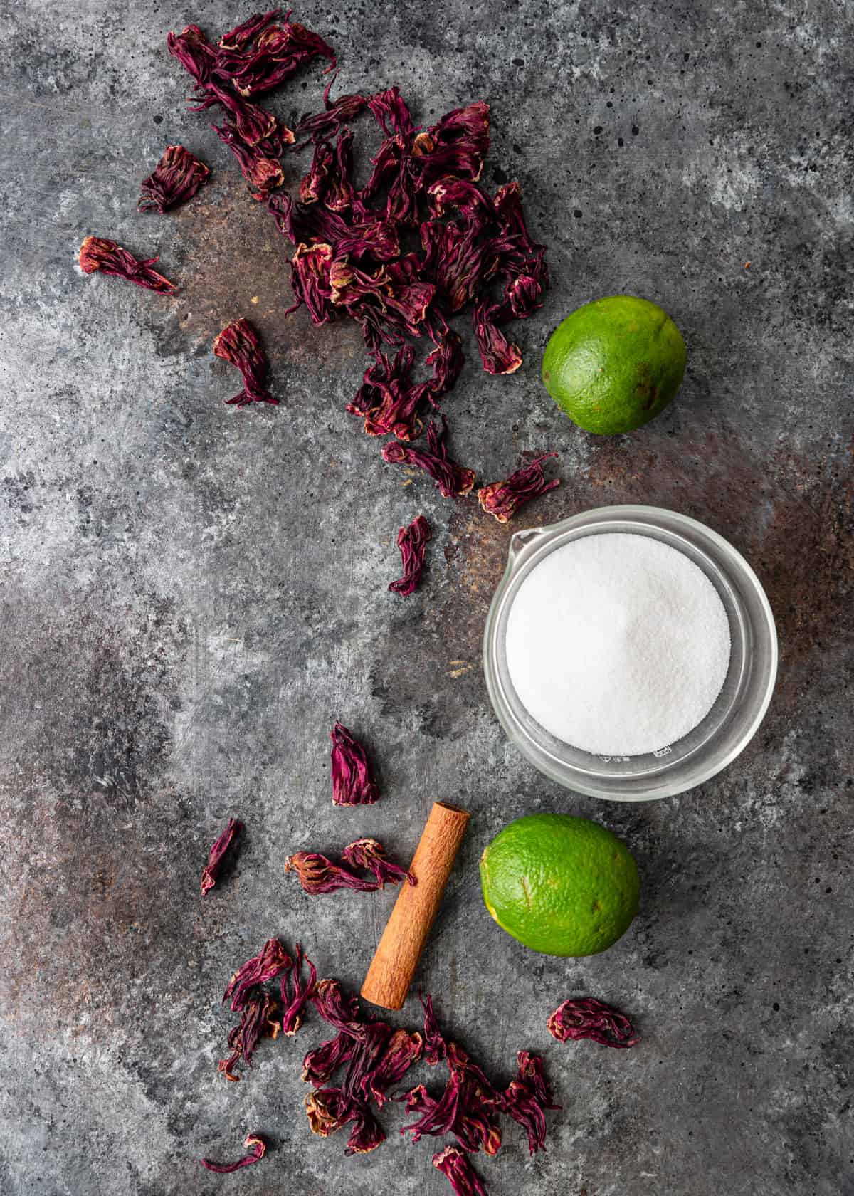 overhead: ingredients needed for hibiscus iced tea