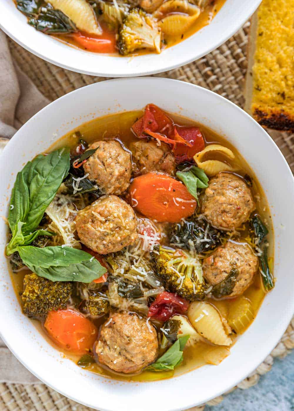 overhead closeup of italian meatball soup