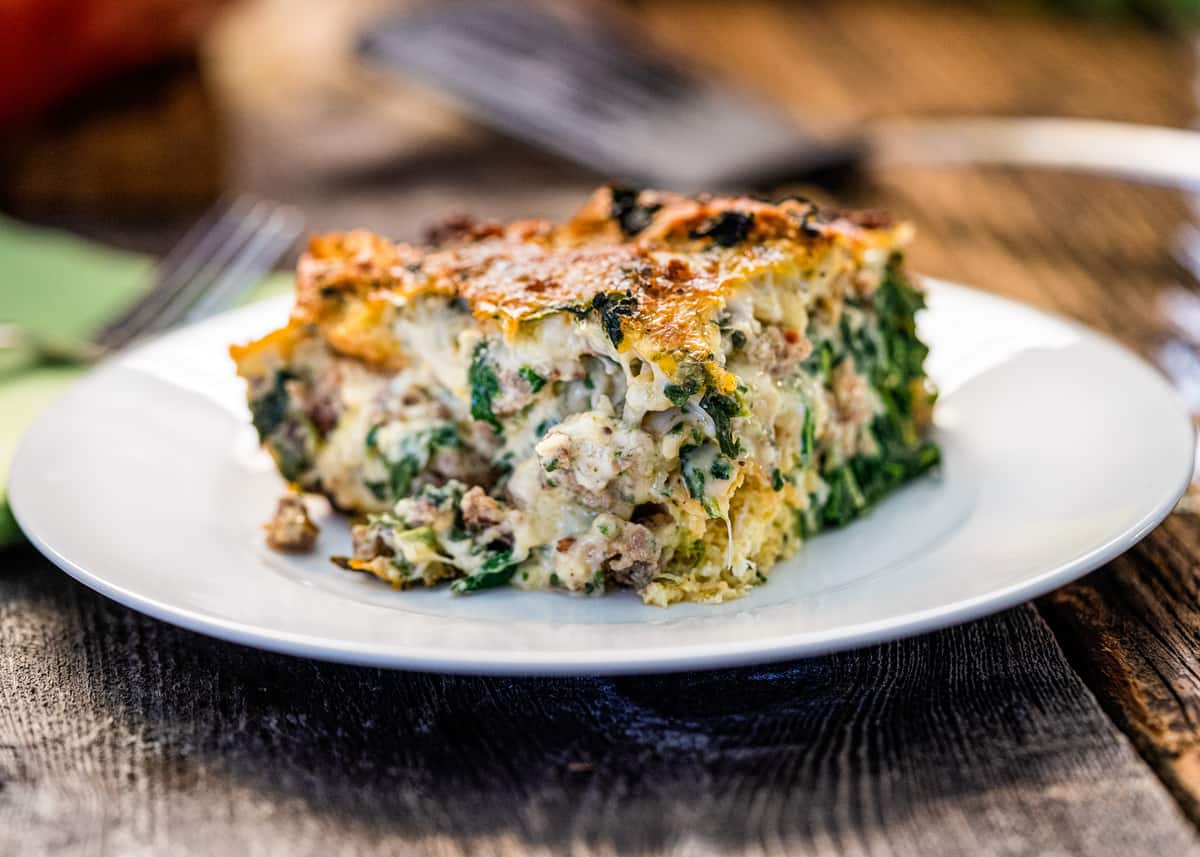 serving of breakfast strata on white plate