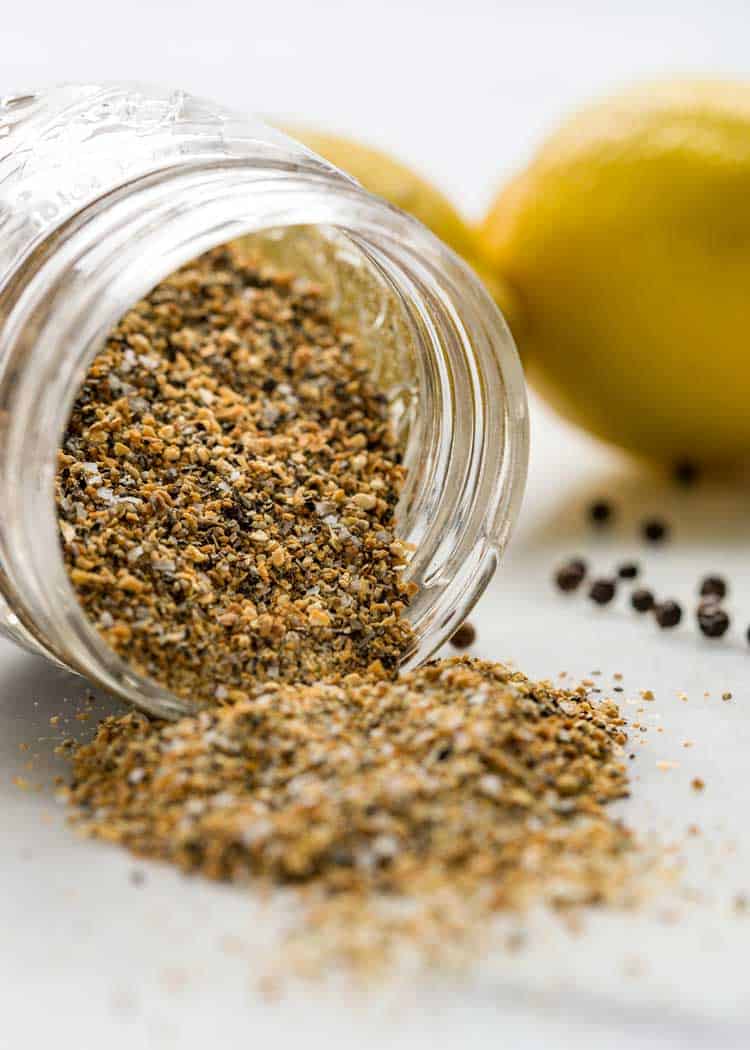 Lemon Pepper Seasoning tipped over jar