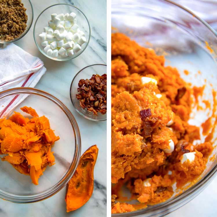 overhead collage: ingredients needed for this baked sweet potato recipe to the right and a bowl of mixed ingredients to the left