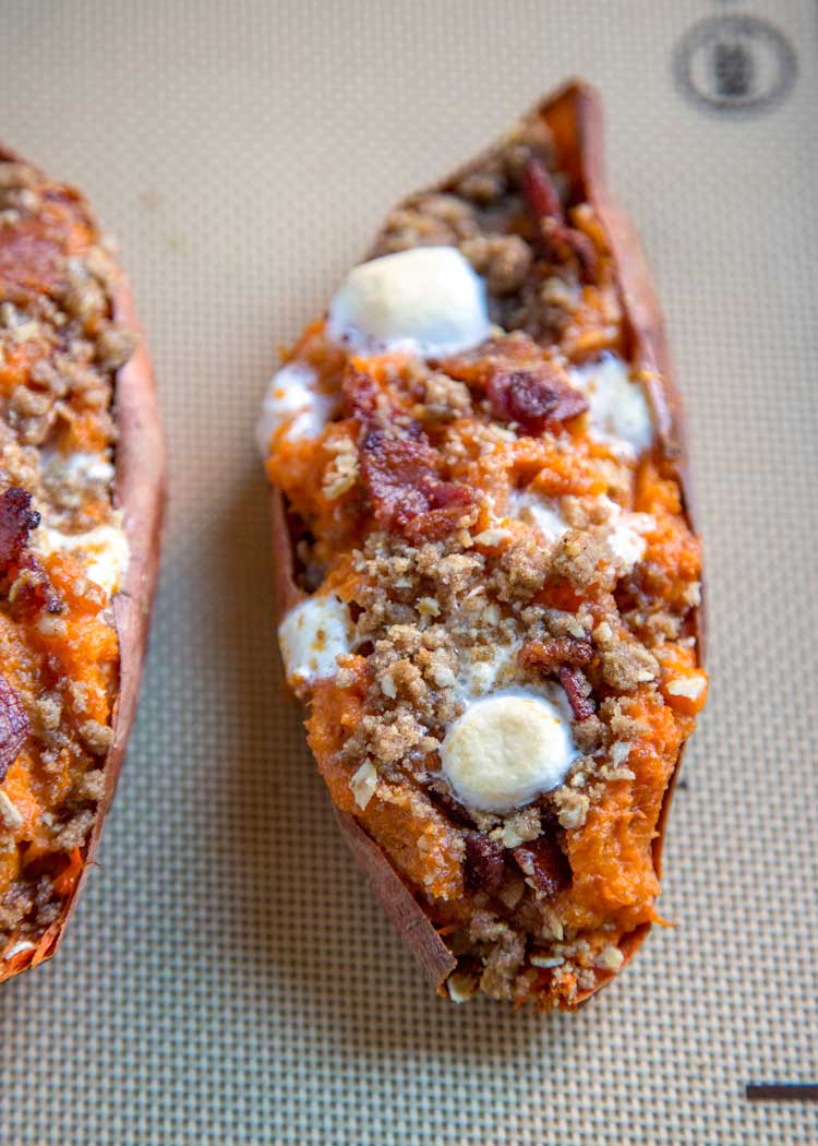 overhead: baked sweet potato with marshmallow, bacon, and streusel topping