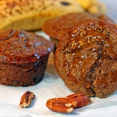 maple banana bran muffin with pecan and banana