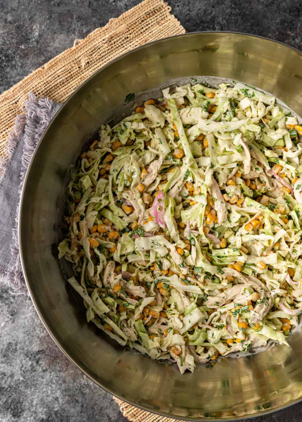 overhead: Mexican coleslaw ingredients after mixing