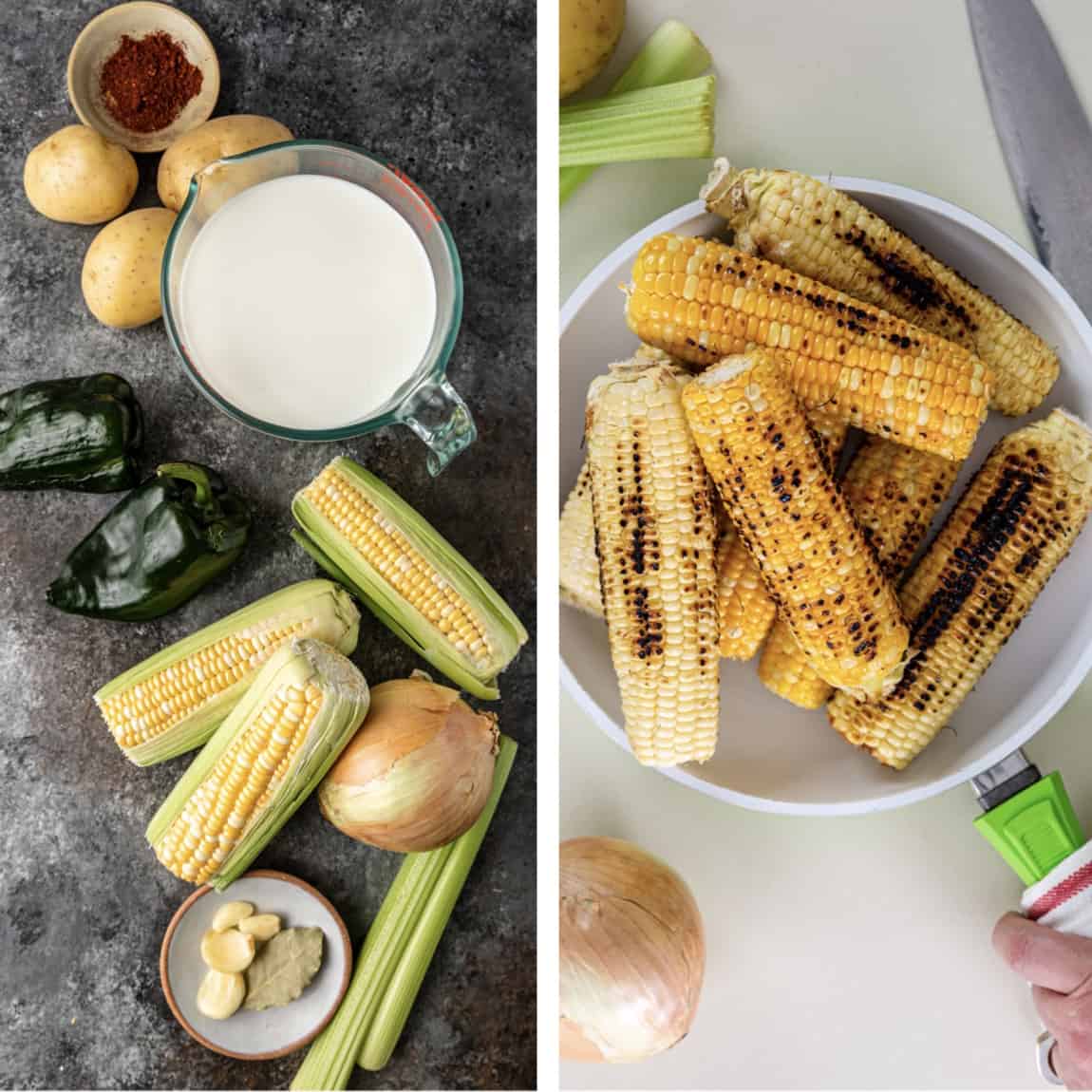 side by side photos of corn chowder ingredients and a skillet of charred corn on the cob