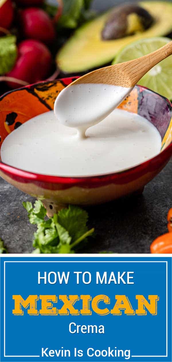 mexican crema in colorful bowl with wooden spoon