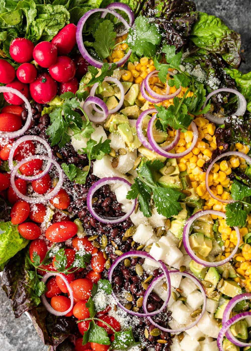 overhead image: close up image of garden vegetable salad topped with black beans, corn, and Cojita cheese