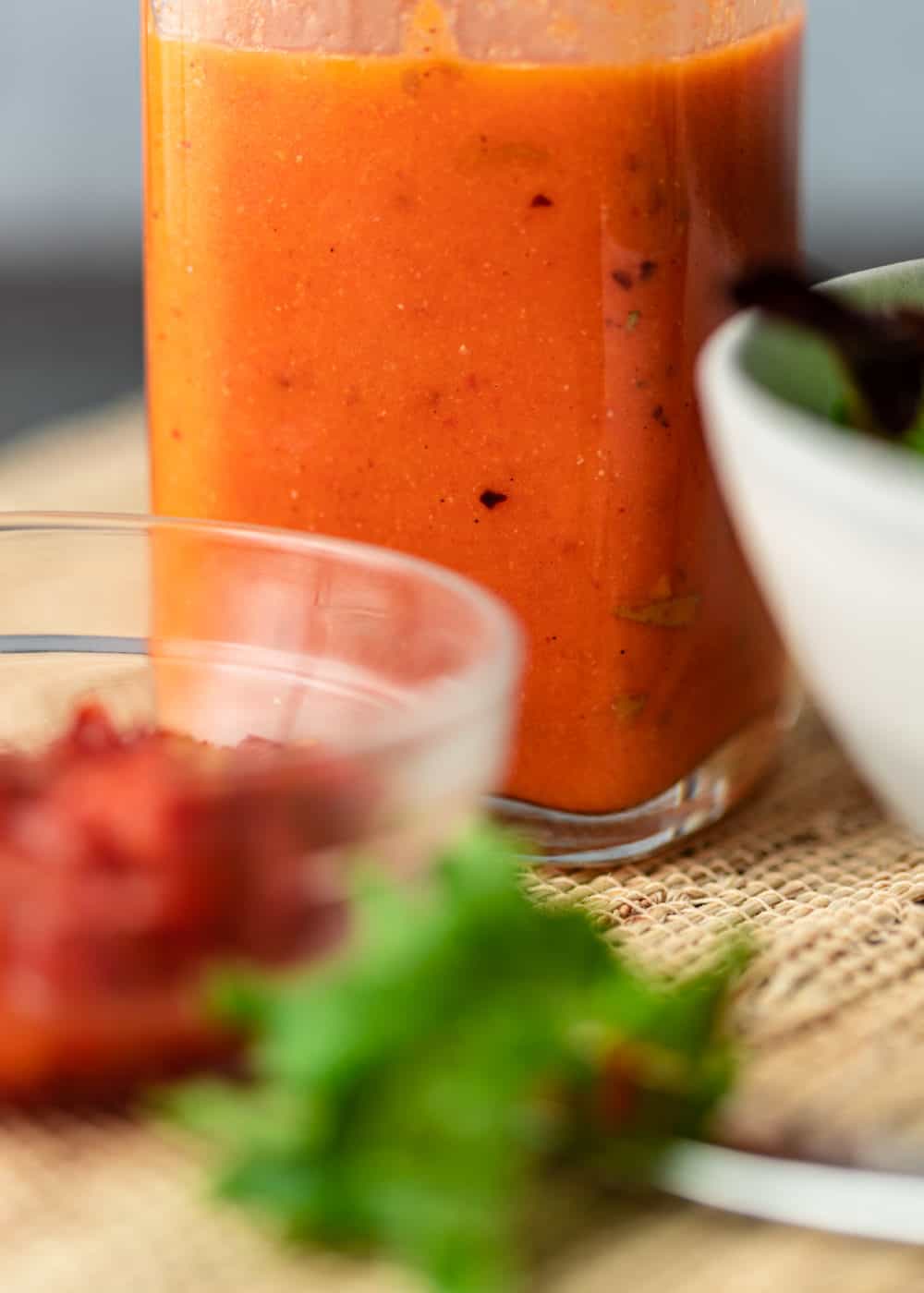 bottle of homemade roasted tomato vinaigrette dressing