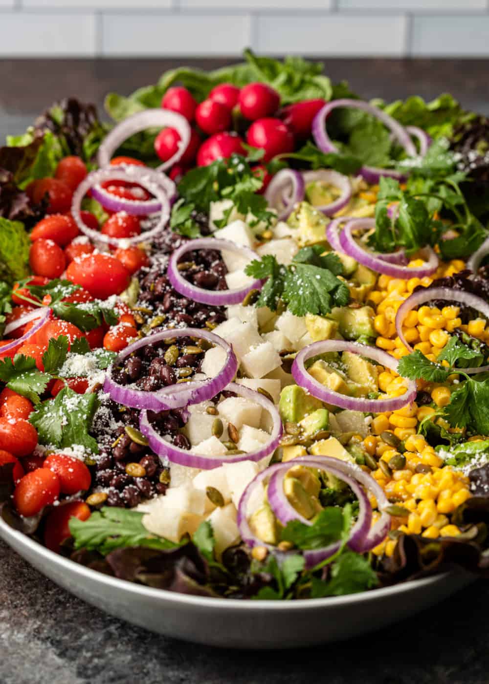 beautiful Mexican salad presented in large white serving bowl