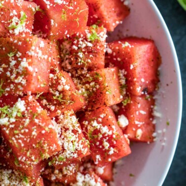 A close up of Watermelon cubes and feta salad