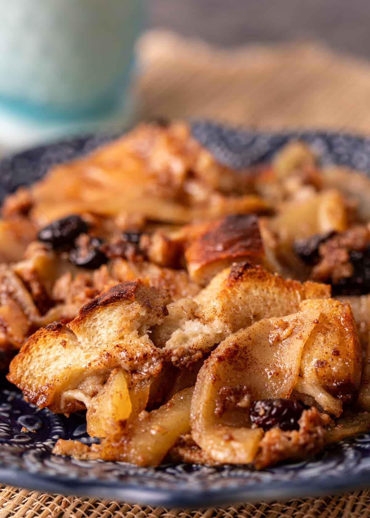 side view closeup: French toast casserole recipe with apples and raisins showing
