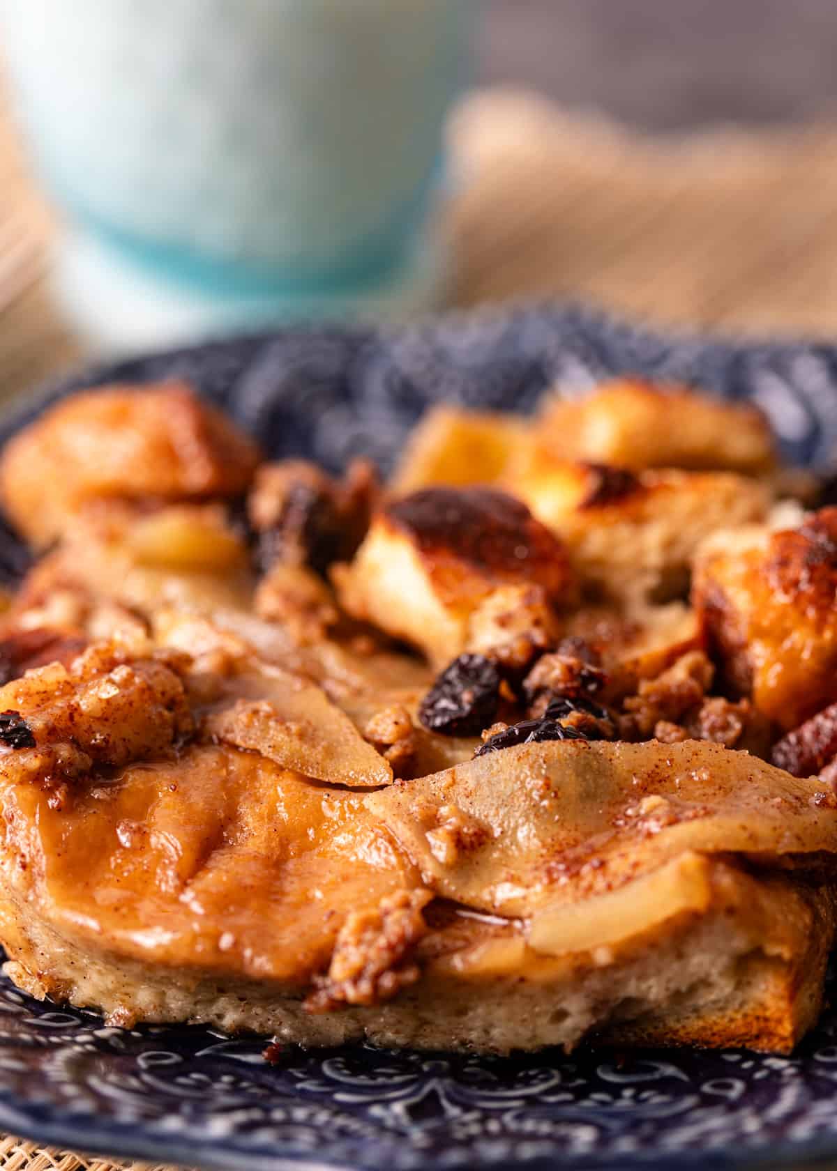 side view closeup: French toast casserole with raisins and apples