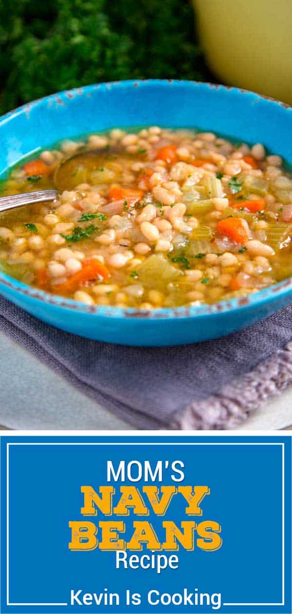 white bean soup in blue bowl