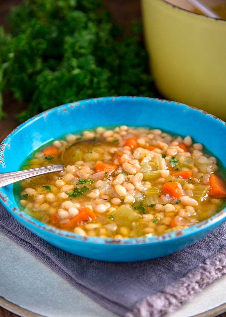 mom's navy white beans in blue bowl