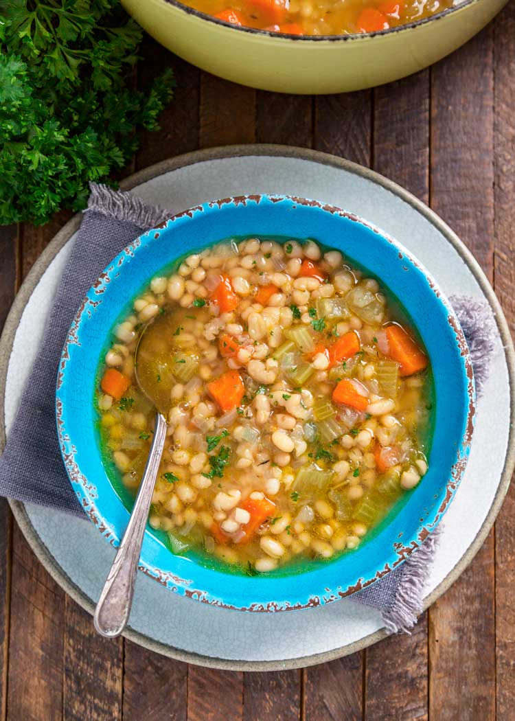 overhead: bowl of vegetable bean soup