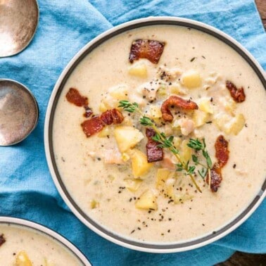 overhead photo of a bowl of New England Clam chowder