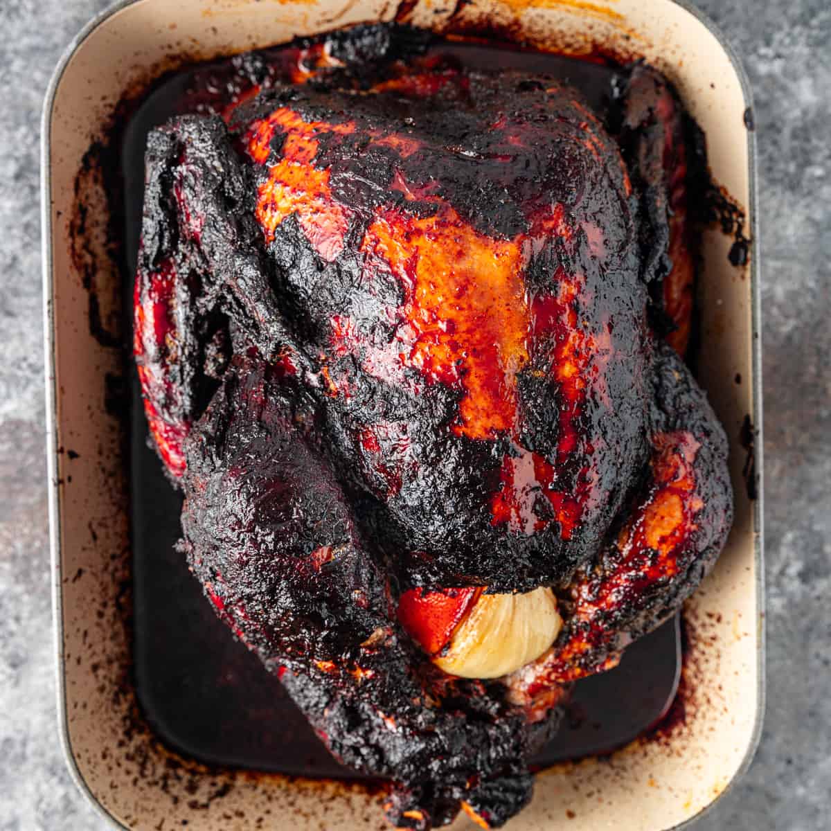 overhead: Oaxacan chile rubbed roast turkey in a roasting pan