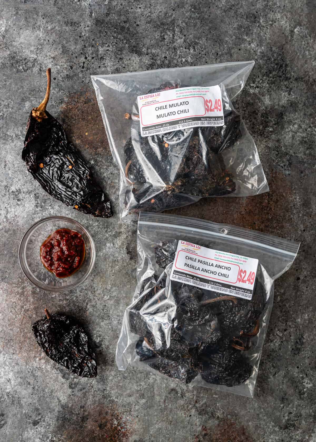 overhead: ingredients needed for mole poblano sauce