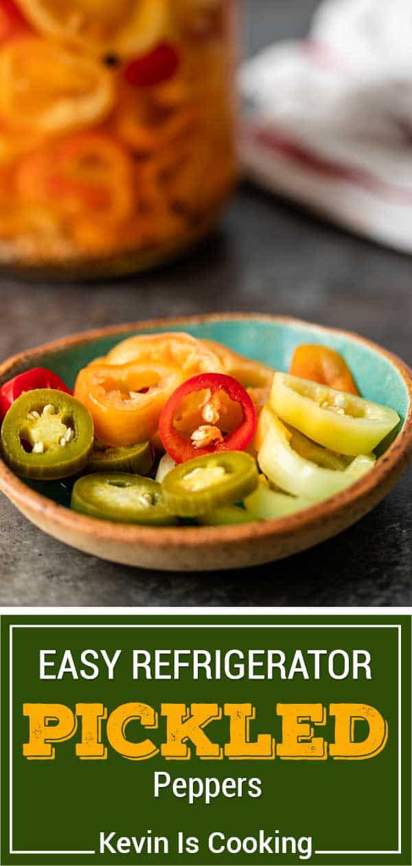 titled image: bowl of marinated green yellow and red chiles