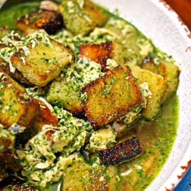 Portuguese Bread and Garlic Soup with Cilantro and Shredded Chicken is beyond flavorful and it all starts with a garlic, cilantro and serrano chile paste. This is so darn good!