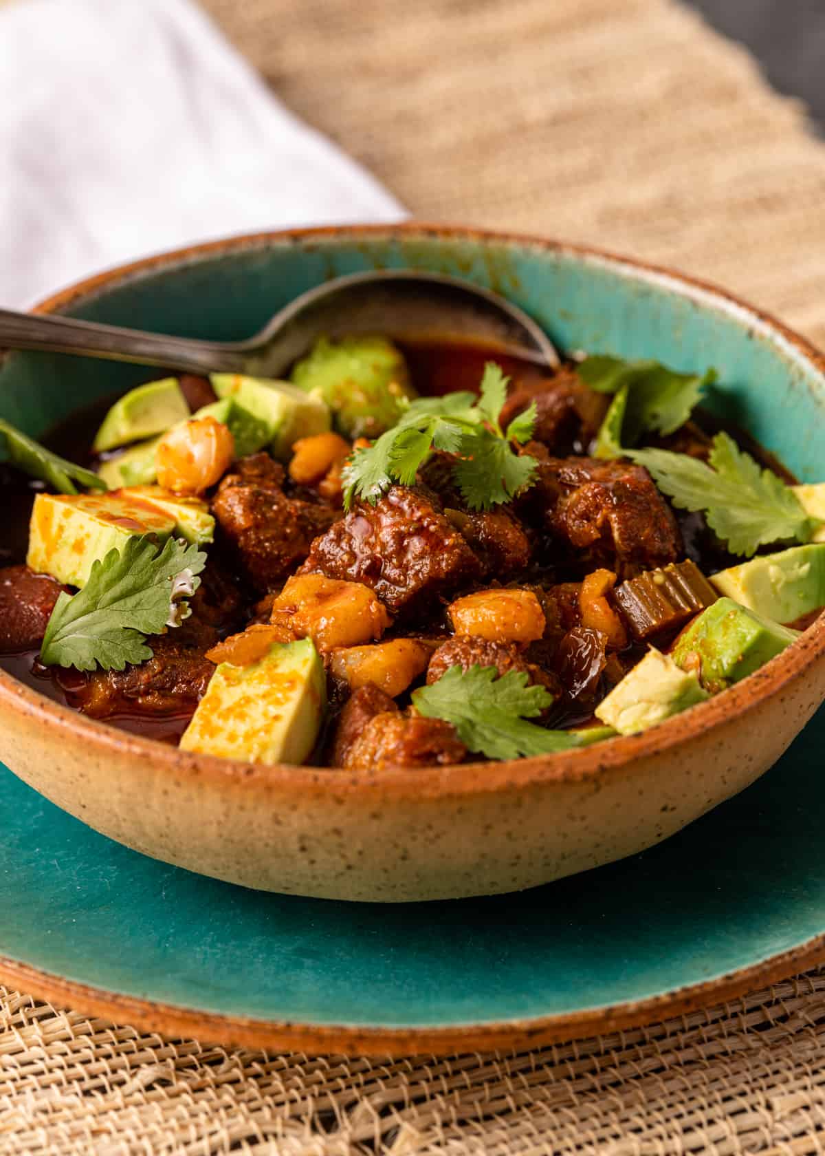 side view of bowl with Pozole Rojo