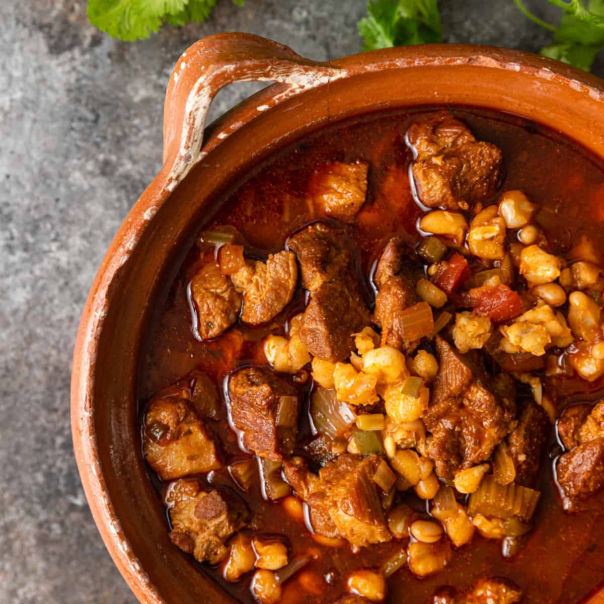 overhead shot of Pozole Rojo in bowl