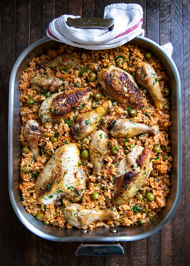 overhead: arroz con pollo in a large baking dish