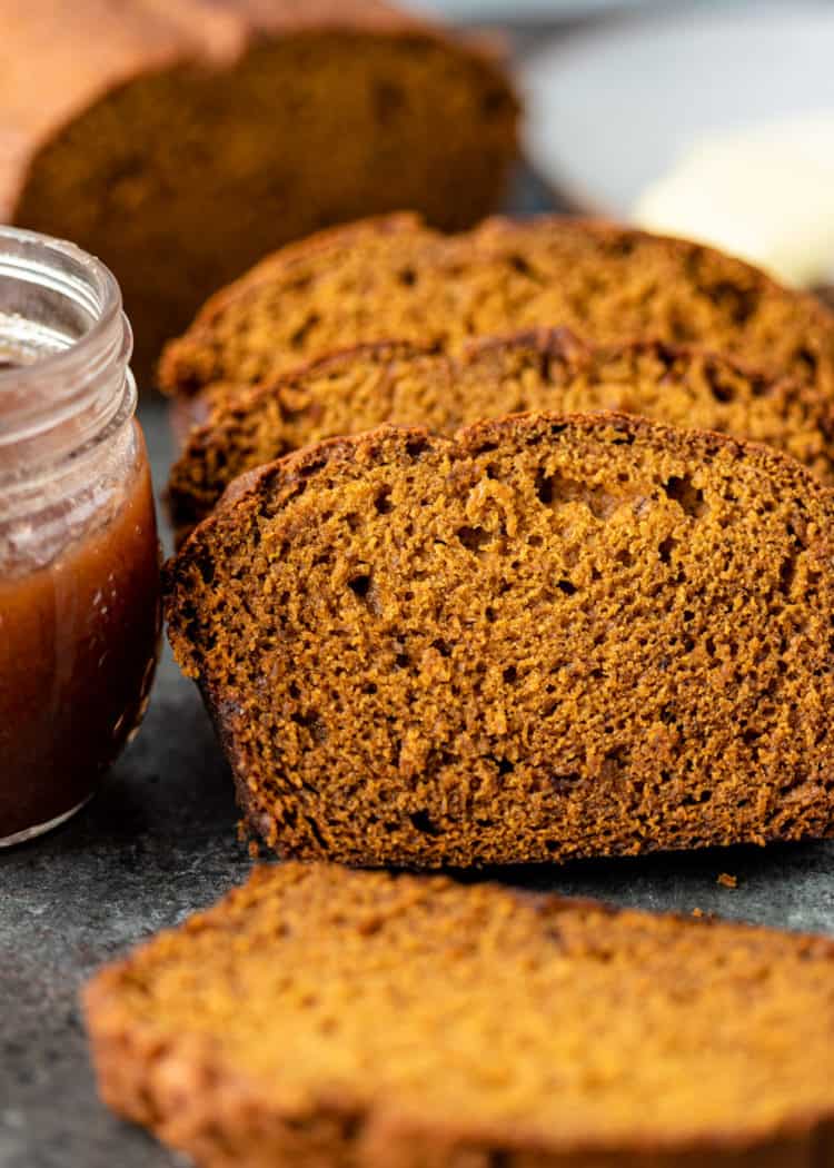 loaf of homemade quick bread cut into slices