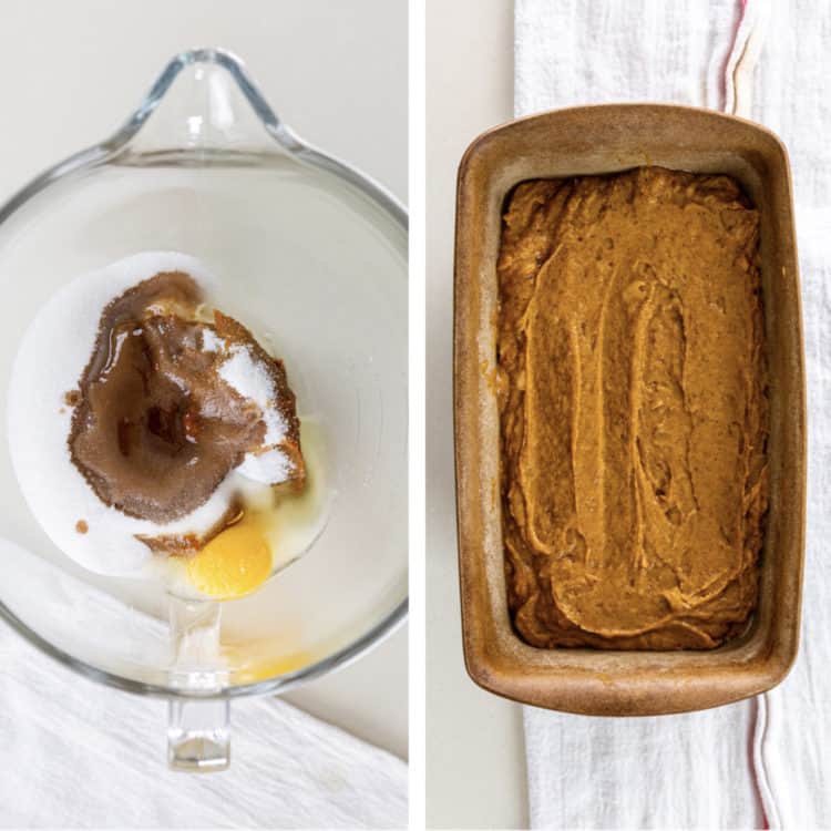 overhead: photo collage of ingredients to make pumpkin banana muffins and pumpkin bread