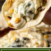 titled image for Pinterest shows corn tortilla filled with Mexican rajas poblanas