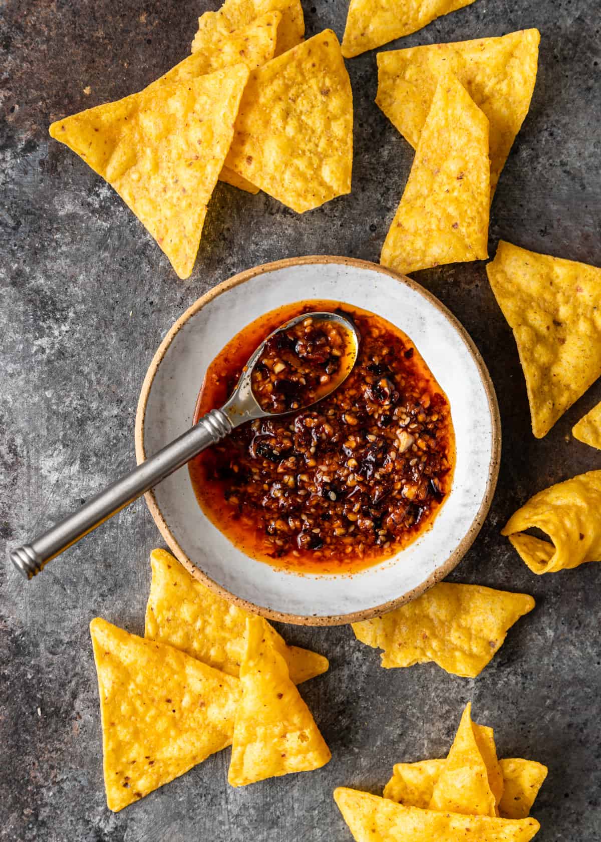 bowl with Salsa Macha and a spoon