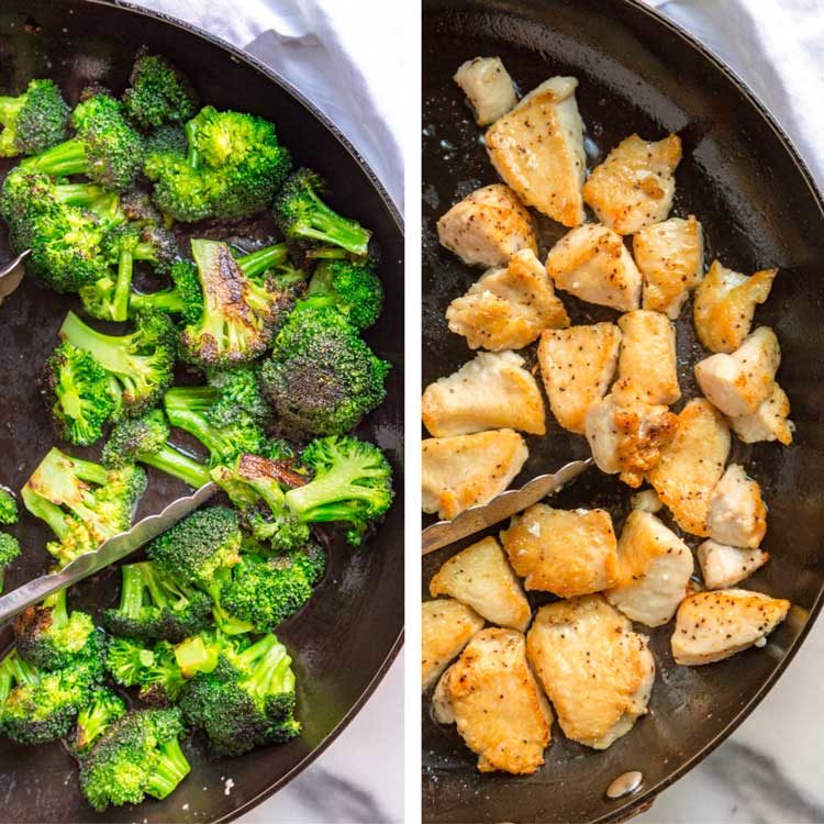 overhead collage: cooking broccoli and chicken for this chicken divan recipe