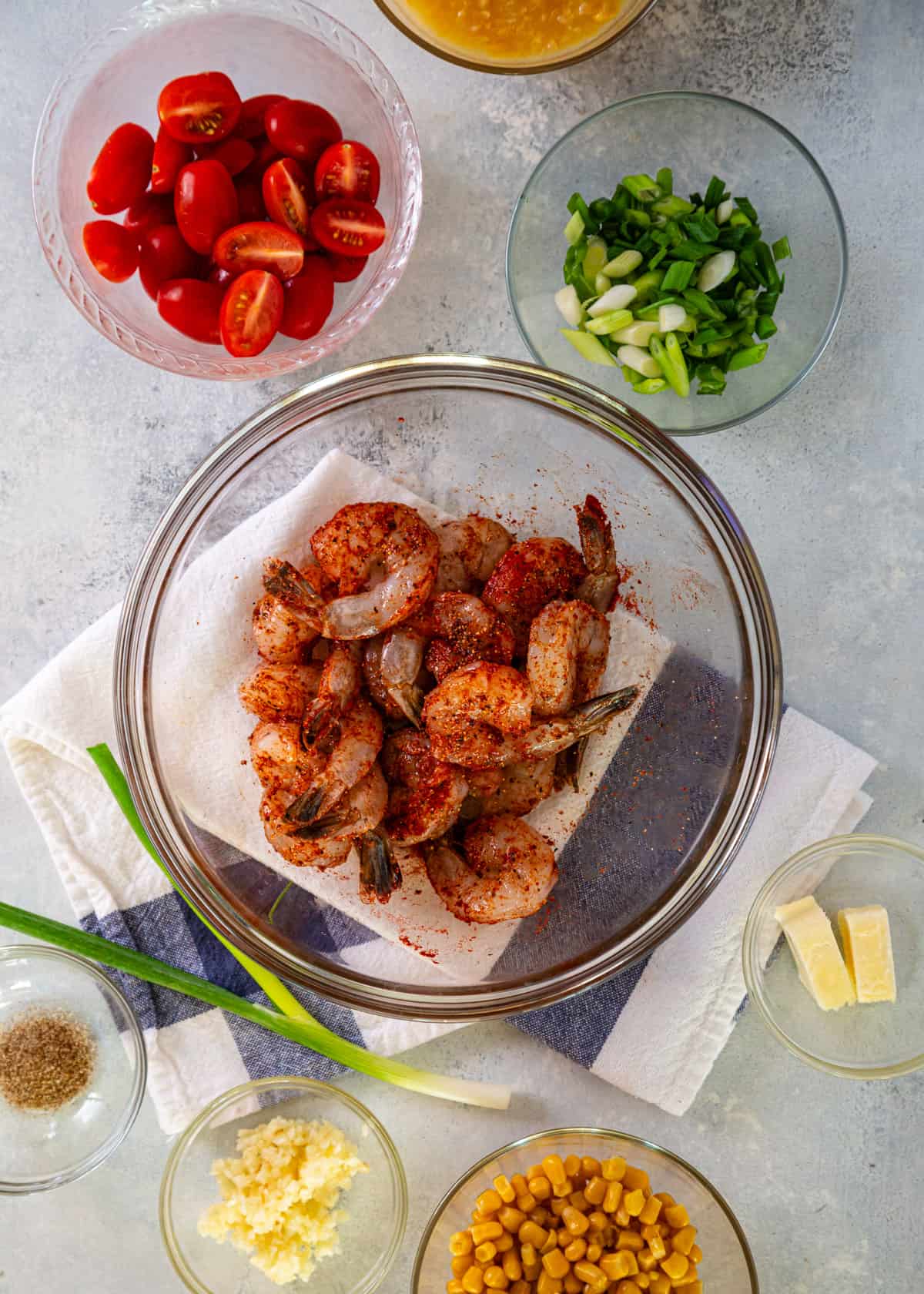 overhead: ingredients needed for this shrimp and grits recipe