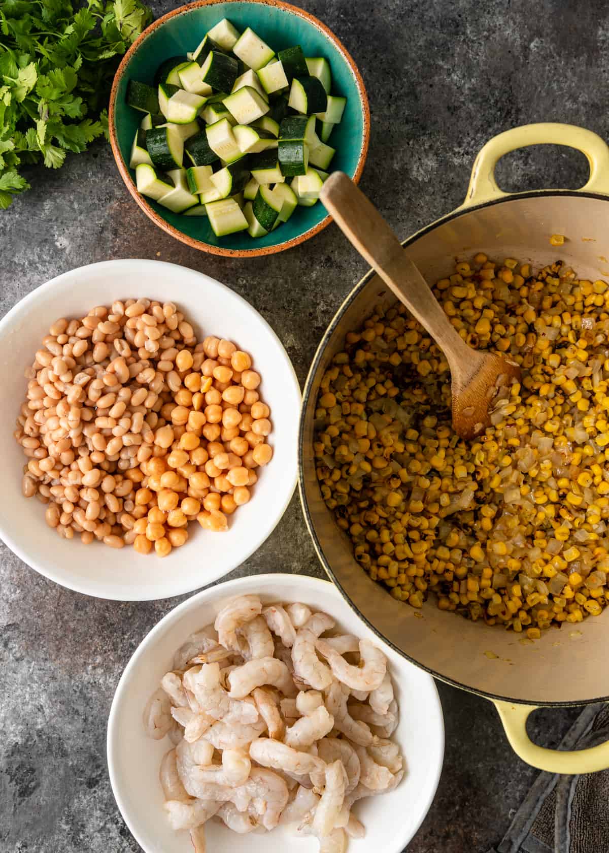 ingredients to make Shrimp Corn and Chickpea Soup