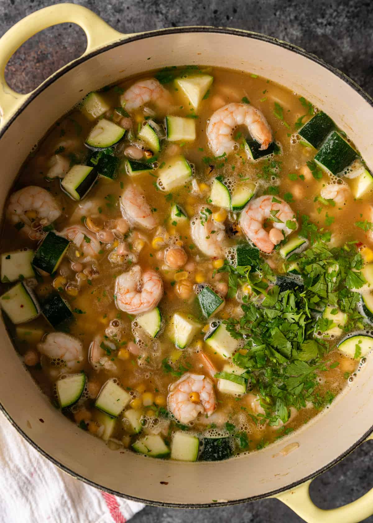 pan filled with cooked Shrimp Corn and Chickpea Soup