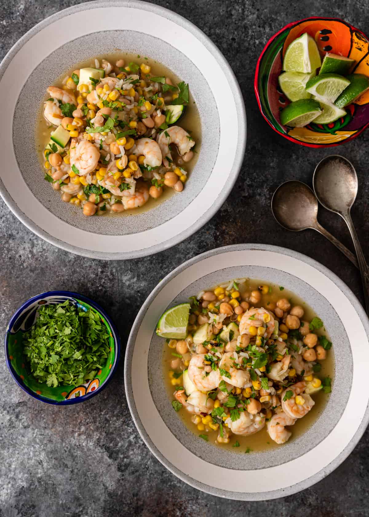 overhead shot of two bowls of  Chickpea Soup