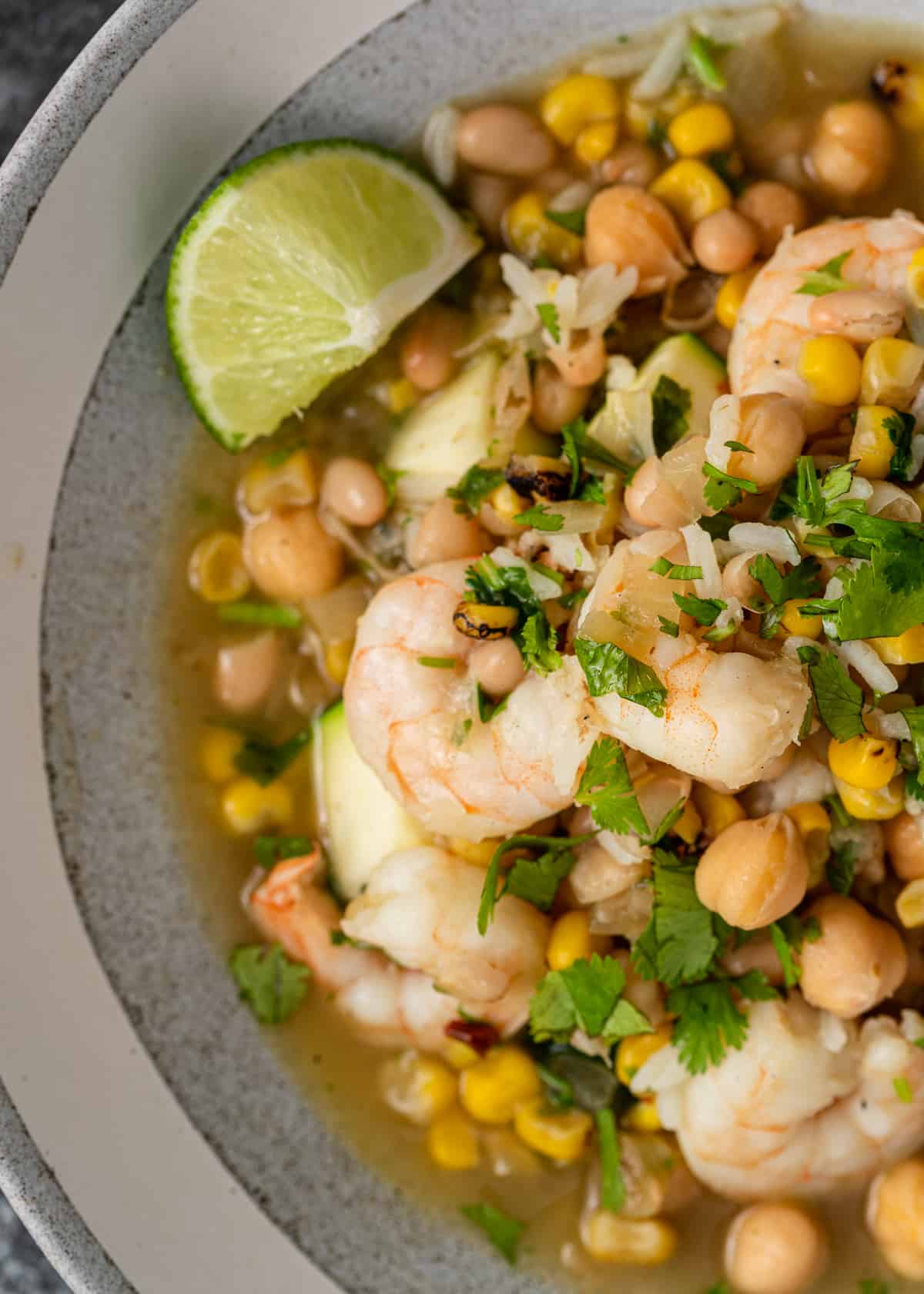 overhead shot of Shrimp Corn and Chickpea Soup