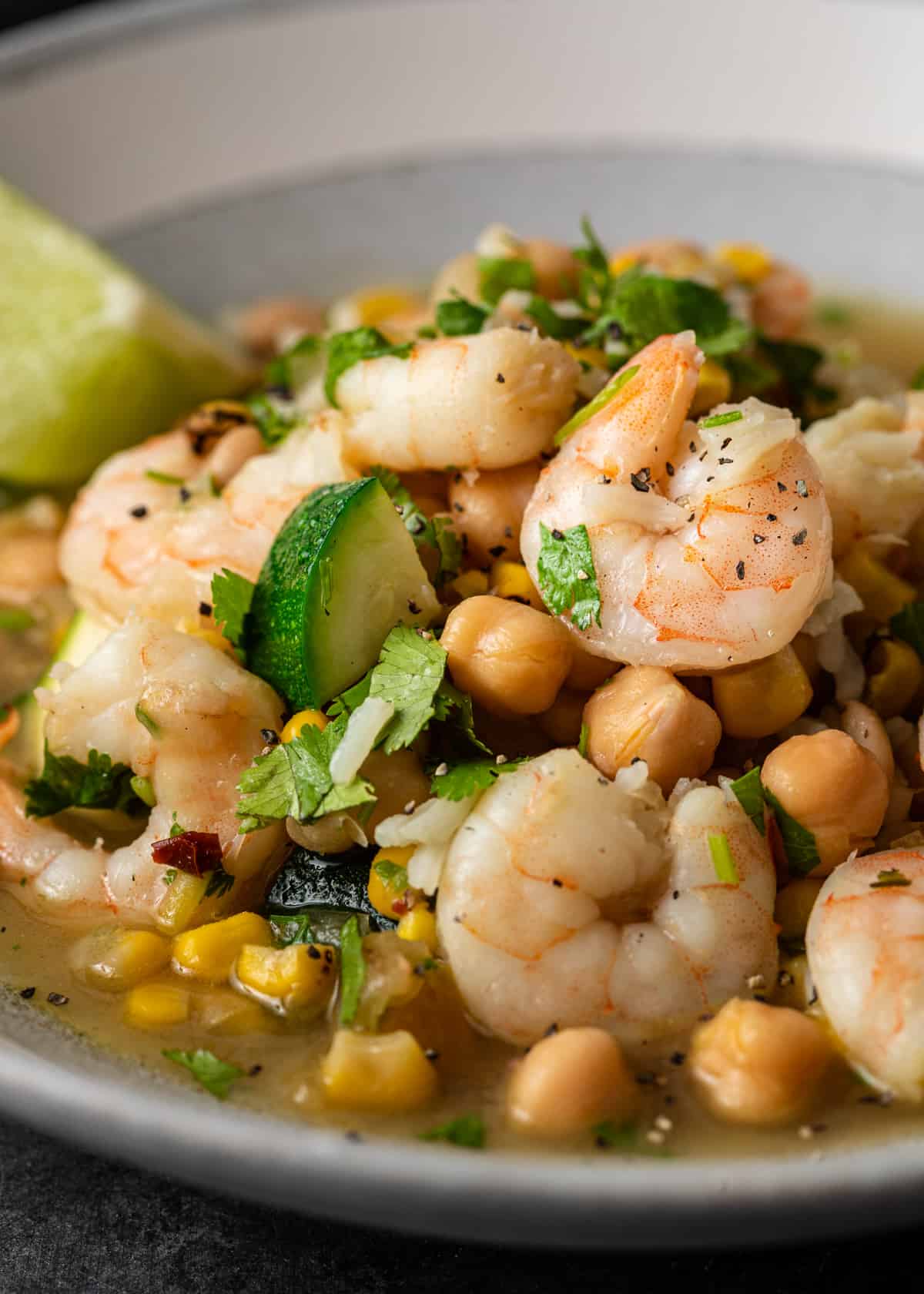 closeup of Shrimp Corn and Chickpea Soup