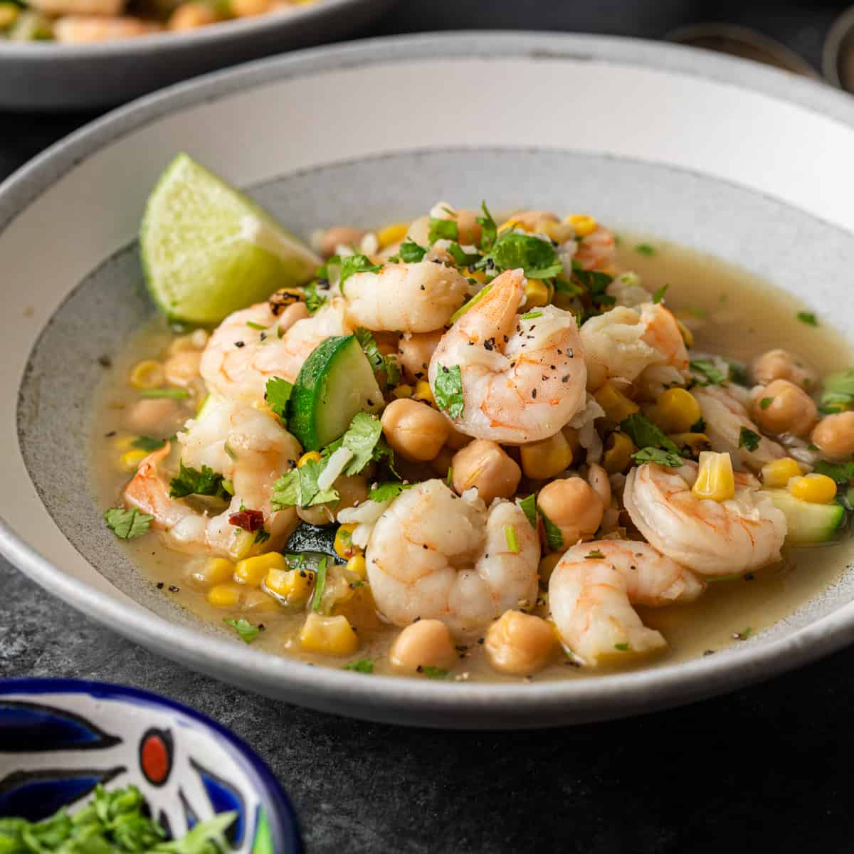 white bowl with Shrimp Corn and Chickpea Soup